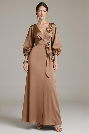 Terracotta Satin V-Neck Floral Long Black Tie Dress with Sleeves